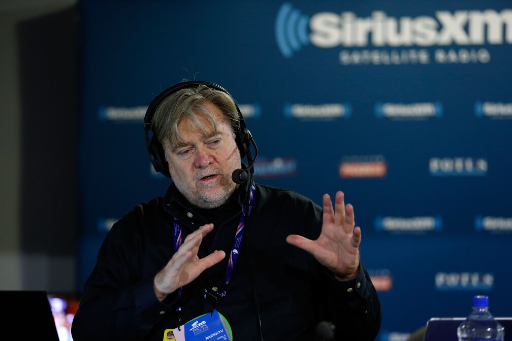 CLEVELAND, OH - JULY 20: Stephen K. Bannon talks with callers about Donald Trump officially becoming the Republican Presidential nominee while hosting Brietbart News Daily on SiriusXM Patriot at Quicken Loans Arena on July 20, 2016 in Cleveland, Ohio. (Photo by Kirk Irwin/Getty Images for SiriusXM)
